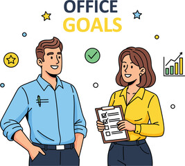 Office goals achievement, business teamwork illustration, task checklist concept, employee productivity, corporate planning, workplace success, collaboration strategy, growth and performance review