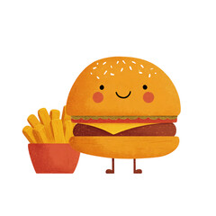 Playful Cartoon Hamburger Character with French Fries Delicious Food