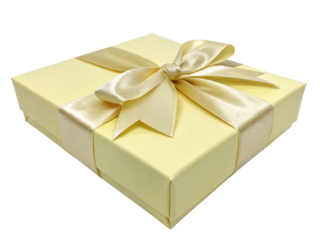 Beautifully wrapped yellow gift box adorned with satin ribbon, perfect for special occasions and celebrations, radiating joy and elegance