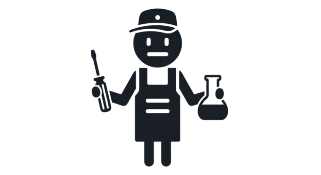 Isolated technician holding screwdriver and Erlenmeyer flask, chemical lab worker - Powered by Adobe