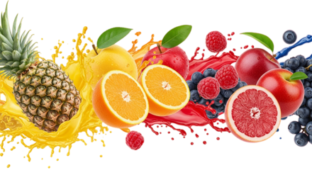 A vibrant splash of mixed fruits overflowing with juice symbolizing freshness and healthy on transparent background