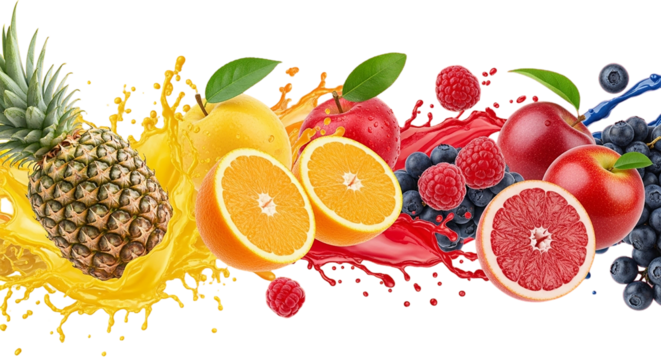A vibrant splash of mixed fruits overflowing with juice symbolizing freshness and healthy on transparent background