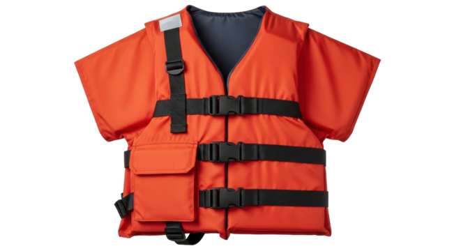 Isolated orange personal flotation device with shoulder flaps and multiple buckles in studio