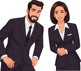 Smiling Business Professionals, Man and Woman in Formal Suit, Corporate Greeting Pose, Confident Office Workers, Professional Attire, Business Environment