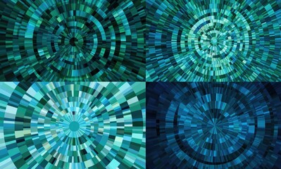 Four abstract teal and blue radial designs composed of rectangular shapes radiating from a central point, creating a hypnotic, mosaic-like effect with varying shades and intensities