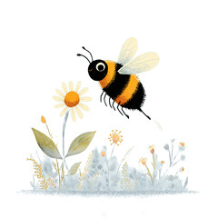 Cute Bumblebee Flying Above Flowering Plant in Illustrative Style