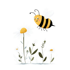 Cheerful Bee Flying Around Colorful Daisies and Green Plants