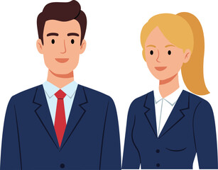 Smiling businessman and businesswoman standing in formal corporate attire, modern office people vector, professional teamwork, business character illustration, confident posture