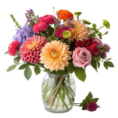 Obraz premium Vibrant bouquet of assorted flowers in clear glass vase, showcasing mix of colors and textures, creating cheerful and lively atmosphere