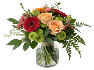 Obraz premium Vibrant bouquet featuring orange roses, red gerbera daisies, and green chrysanthemums arranged beautifully clear glass vase, exuding freshness