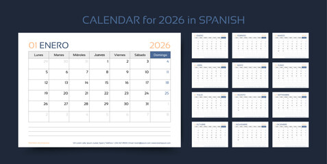 calendar, 2026, Spanish, calender, planner, vector, year, 26, design, month, template, week, wall, calendario, Spain, Lunes, espanol, June, March, February, December, January, page, diary, table, date