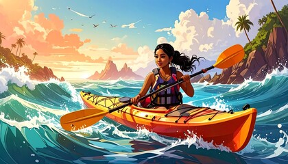 Woman Kayaking in Tropical Ocean at Sunset, Vibrant Colors