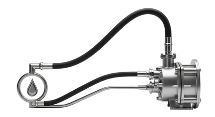 Isolated fluid power assembly featuring hydraulic pump, tube, and reservoir in monochrome