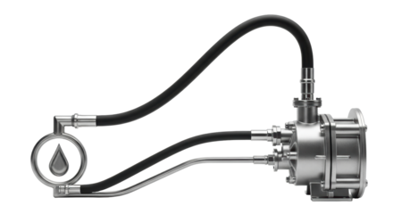 Isolated fluid power assembly featuring hydraulic pump, tube, and reservoir in monochrome