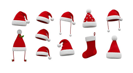 A festive array of Santa hats and a Christmas stocking embodying the holiday spirit and joyous on transparent background