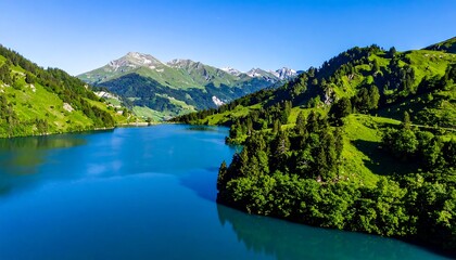 Fototapeta premium Scenic Mountain View with Clear Blue Lake, Surrounded by Lush Greenery