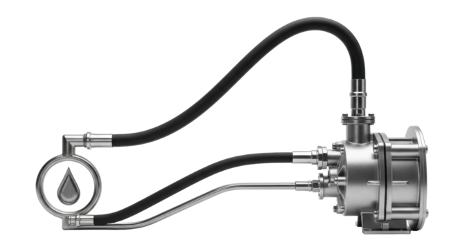 Isolated fluid power assembly featuring hydraulic pump, tube, and reservoir in monochrome