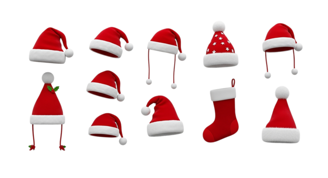 A festive array of Santa hats and a Christmas stocking embodying the holiday spirit and joyous on transparent background