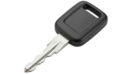 Isolated car key with black plastic head and silver metal blade for vehicle door ignition