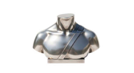 Isolated torso sculpture of a male body in shiny silver metal, Greek hero figure art