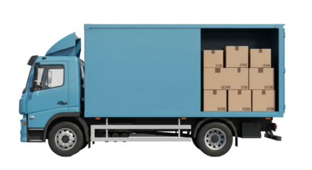 Isolated blue box truck delivers brown cardboard boxes to customers in urban environment