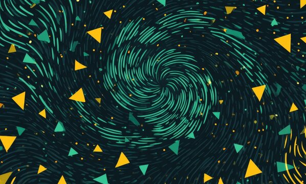 Teal and gold swirling vortex with scattered triangles and sparkles on a dark background - Powered by Adobe
