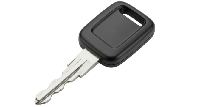 Isolated car key with black plastic head and silver metal blade for vehicle door ignition