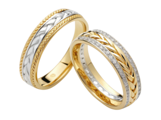 Elegant wedding bands featuring intricate braided designs in gold and silver, showcasing blend of textures and sparkling accents