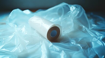A roll of clear plastic sheeting rests on crumpled plastic film, showing texture and material.