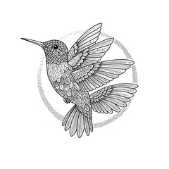 Obraz premium Detailed Hummingbird Illustration Flying Within a Dot Circle with Black White Art.