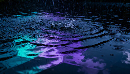 Raindrops creating ripples and splash in dark water. Moody abstract background with vibrant neon purple and cyan light reflections. Cyberpunk concept and futuristic pattern.