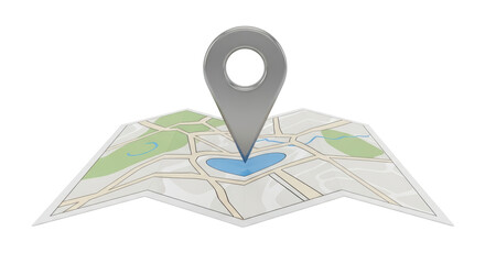 Isolated City Map with Location Marker, Cityscape streets, park areas, lake, streets guide