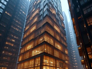 Obraz premium Tall Glass Building Foggy City Lights