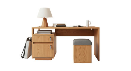 Isolated Modern Wooden Desk with Lamp and Stool