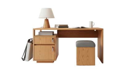 Isolated Modern Wooden Desk with Lamp and Stool