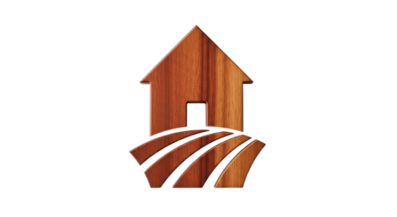 Isolated wooden farmhouse icon with land contours, minimalist farmstead logo symbol
