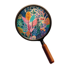 Colorful Floral Illustration Under Magnifying Glass on White Background