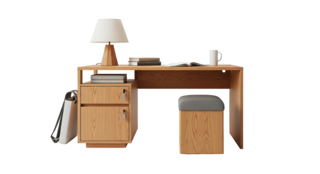 Isolated Modern Wooden Desk with Lamp and Stool