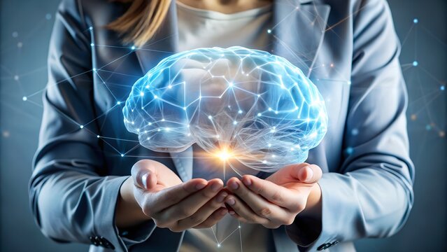 Womans hands hold digital brain. - Powered by Adobe