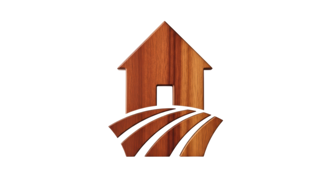 Isolated wooden farmhouse icon with land contours, minimalist farmstead logo symbol