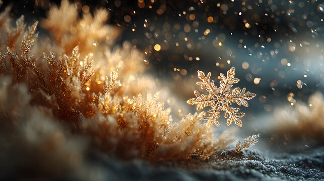 Golden snowflake dances under frosty luminescence, evoking Winter Solstice celebration and delicate art of frost flower crystallography