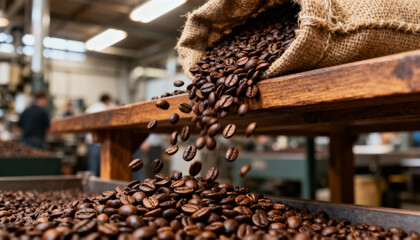 Roasted coffee beans pouring from a burlap sack in a coffee roastery. Close up of fresh aromatic coffee beans cascading during the production and sorting process in a factory.