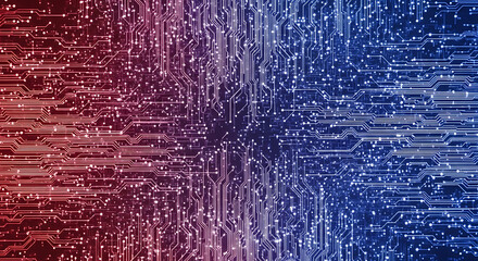 Abstract digital circuit board with red and blue glowing lines