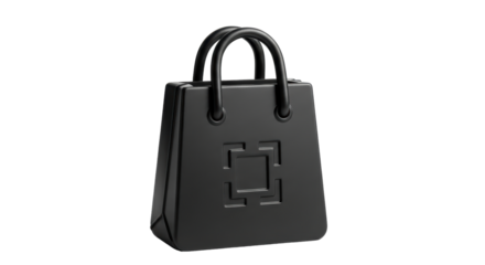 Isolated minimalistic black shopping bag with handles for retail and purchasing goods