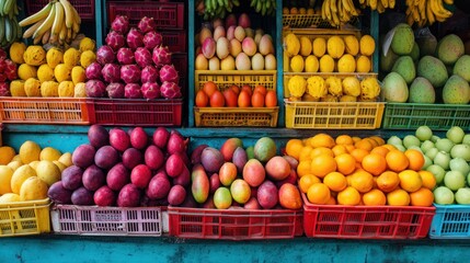Fruit stand with vibrant stacked produce