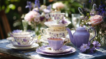 Fototapeta premium Garden tea party with mismatched vintage china (soft lavenders)