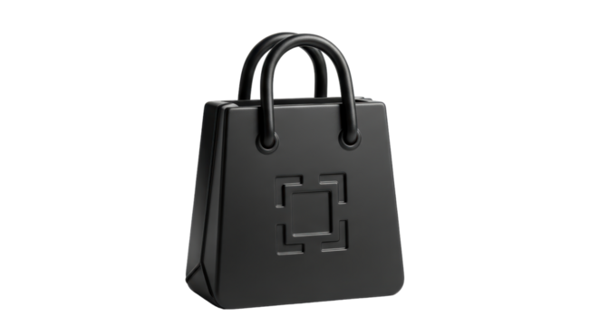 Isolated minimalistic black shopping bag with handles for retail and purchasing goods