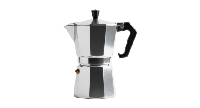 Isolated Moka pot stovetop espresso maker, a classic Italian appliance for coffee brewing