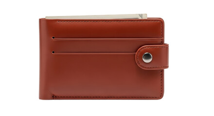Isolated brown leather wallet with paper money inside for cash payments and currency savings