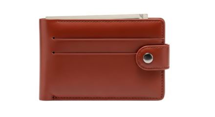 Isolated brown leather wallet with paper money inside for cash payments and currency savings